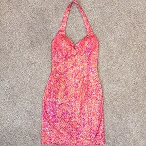 90s Vintage Hot Pink Barbiecore Halter Top Sequin Mini Silk Dress Size 10